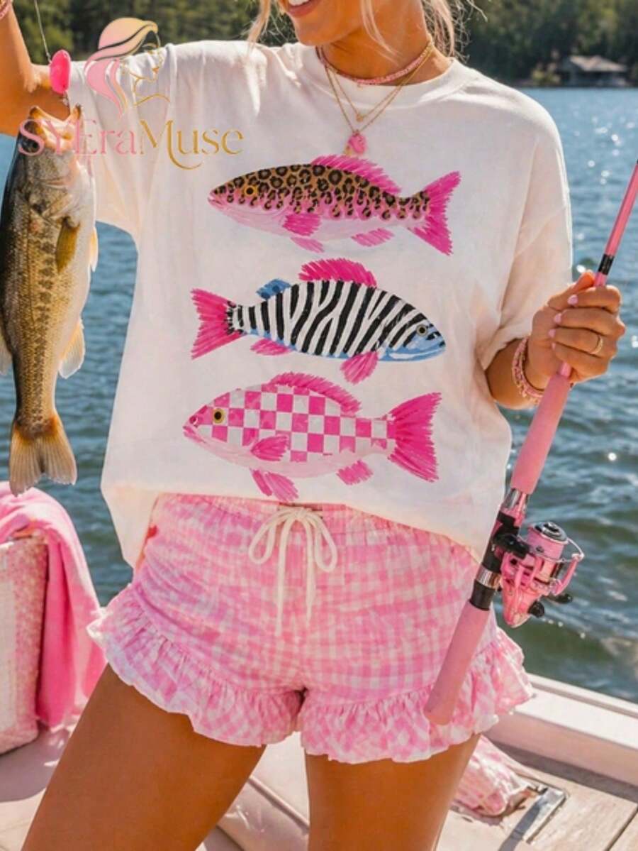 Women's Oversized "Leopard Zebra Checkered Fish" Print T-Shirt, Boho Lake Fishing Summer Aesthetic, Summer, Concert, Graduation, Vacation - Apricot - View 1