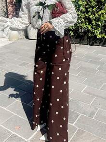 Pantalones rectos de cintura elástica con estampado de lunares retro para mujer SOLTRB, adecuados para el uso diario, casual y vacaciones - Café integral - Ver 1