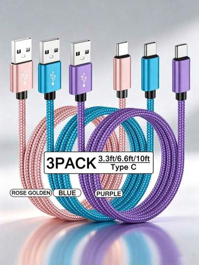 三条装 USB-C 快速充电线 [3.3/6.6/10 英尺] USB-A 转 C 尼龙编织充电线，C 型数据同步线，兼容三星 Galaxy A14 5G A13 A54 A53 A23 A24 A03s S23 S22 Ultra S21 S20，兼容 16、16 Pro Max、15、15 Plus、15 Pro、15 Pro Max、红米、一加和安卓手机，兼容 Type-C 充电器