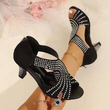 Women's Open Toe Hollow Back Zipper Diamond Decor Non-Slip Sole Sandals Fashion Style Summer Suede Strap High Heel Sandals Suitable For Holidays Daily Commute Evening Party - Black - View 7