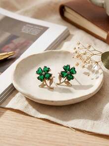 1 par de pendientes de botón con flor de trébol de strass verde esmeralda, joyería elegante para mujer para fiesta de noche - Pendientes de trébol - Ver 4