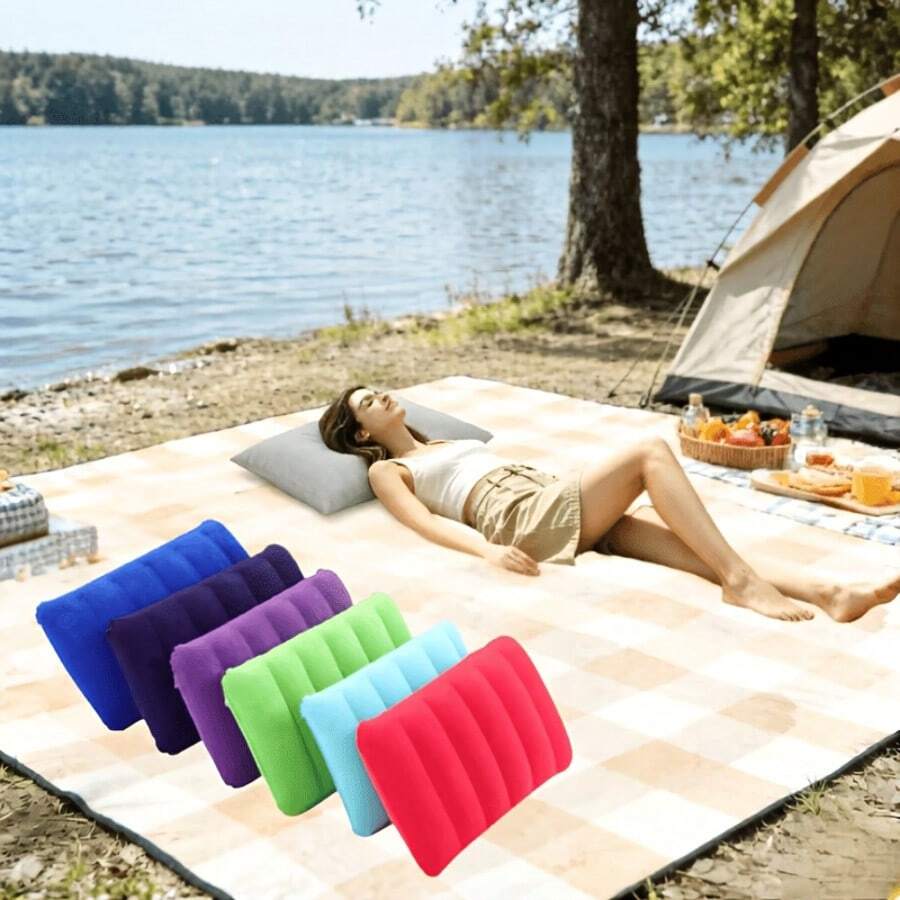 1pc Large Size Inflatable Pillow, PVC Flocked Rectangular Backrest, Foldable And Portable Inflatable Pillow, Travel Backrest, Outdoor Camping Pillow, Travel, Flight Pillow - Multicolor - View 1