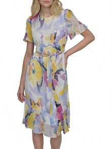 DKNY Vestido Midi de Gasa con Mangas y Falda Godet Vestido para Mujer - Equipaje - Ver 10