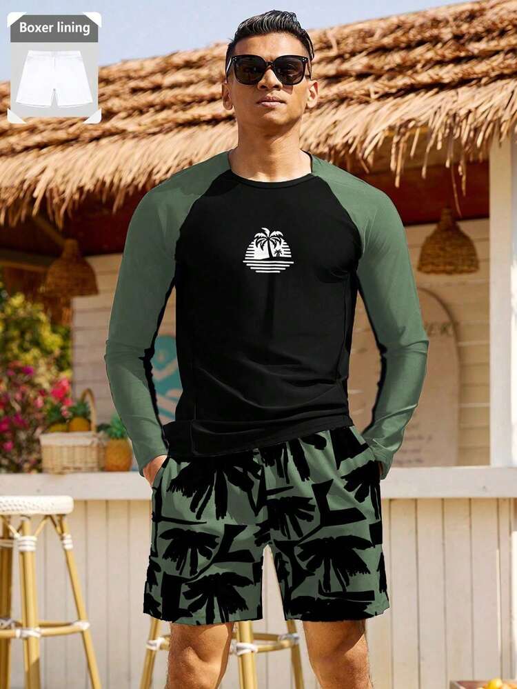 Set de 2 piezas de traje de baño para hombre con estampado de árbol de coco, de manga larga y shorts, hawaiano, para vacaciones - Multicolor 15 - Añade 10