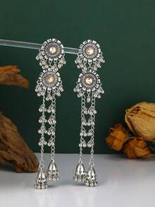 Bohemian Style Long Bell Tassel Pendant Earrings, Vintage Silver Rhinestone Floral Jhumka Earrings For Evening Party Wear - Tassel Style - View 12