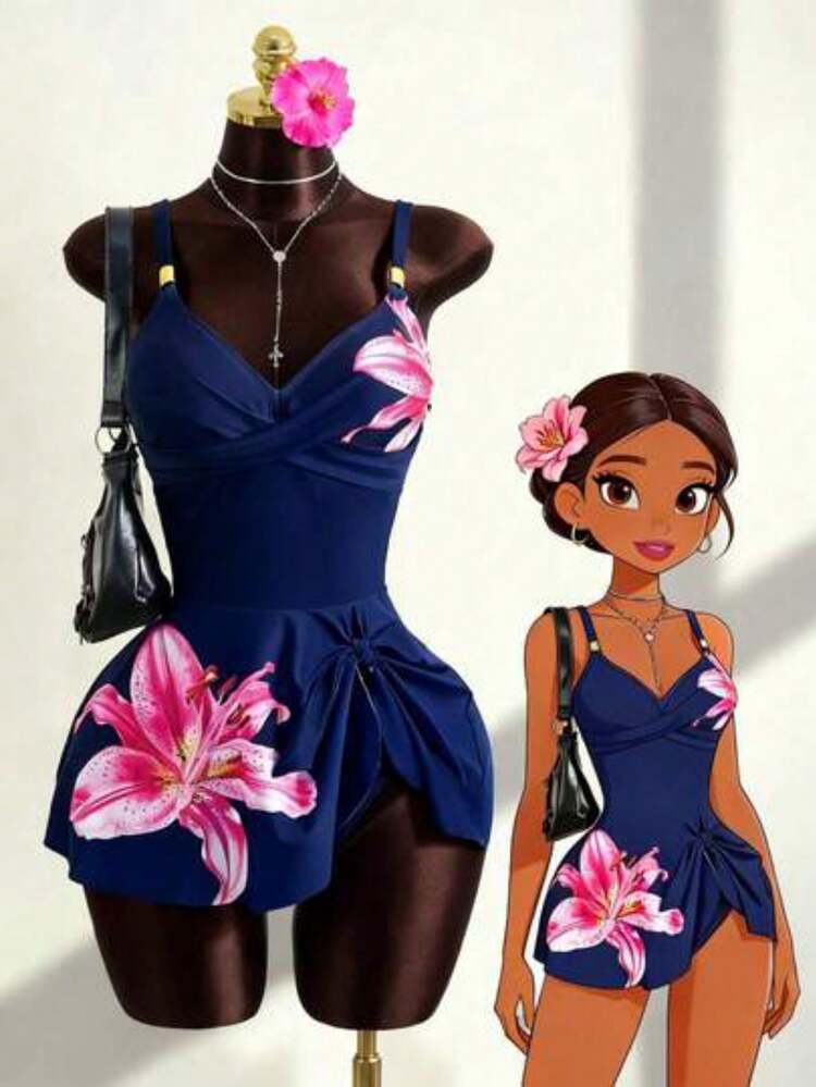 Zestiva Conjunto de 2 piezas de traje de baño con estampado floral, correas ajustables y accesorios de metal, ideal para la playa y vacaciones de pri - Azul marino - Añade 1