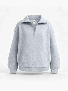 Sweatshirt Wanita Gaya Kampus Model Setengah Resleting, Pullover Kasual Abu-abu Muda, Atasan Kampus Lembut - Grey - View 2