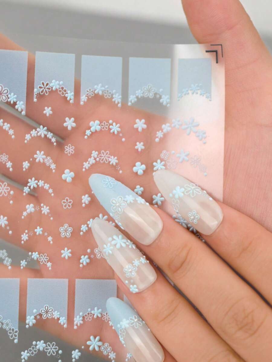 1pc Gentle Hazy French Blue 6D Semi-Transparent Embossed Nail Stickers, 3D Lace Texture Mini Floral, Paired With Multiple Curved French Lace Edges, Staggered Long And Short Flower Vines, Low Saturation Matte Light Blue Soft And Elegant, Delicate 3D Embossed Not Bulky, Semi-Transparent Base Film Suitable For Milky White, Nude Gray, Ice Transparent Nude Nail Polish Base Colors. Specifically For French Manicure Edging, Also Can Be Used For Single Flower Decoration And Patching - Multicolor - View 1
