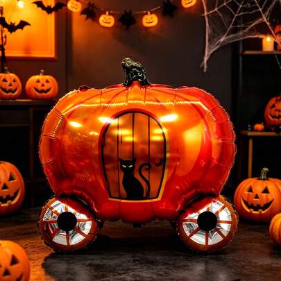 1/2pcs Halloween Theme Black Cat Pumpkin Carriage Foil Balloons, Suitable For Halloween, Pumpkin Party, Halloween Party Atmosphere Decoration, Holiday Atmosphere Photo Props, Indoor/Outdoor Photo Background Props, Holiday Party Creative Decoration