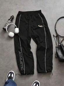 Men's Autumn Outdoor Casual Sports Minimalist Short Sleeve Top And Long Pants Set, Fashionable Daily Wear - Black - View 4