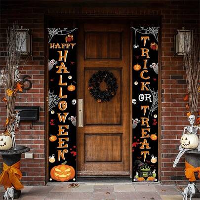 1set For Halloween Welcome Banner, Featuring A Design With Pumpkins, Spider Webs, And Skeletons, Measuring 179.83 Cm By 29.97 Cm, Ideal For Frightening Decorations On Doors, Walls