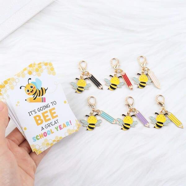 6pcs/12pcs Bee And Pencil Pendant Keychains With Back To School Gift Cards - Cute Bee Keychains, Perfect For Student Back To School Gifts, Classroom Rewards And Party Favors