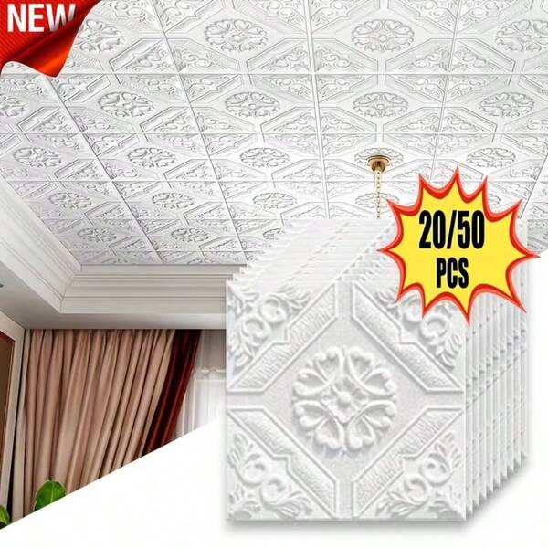 20/50pcs 3D Floral Ceiling Tiles Self-Adhesive Waterproof Wall Stickers, 13.78 X 13.79 Inches, Bathroom And Bedroom Anti-Collision Decoration, Elegant White Design, Decorative Ceiling Stickers, Elegant Wall Stickers, Self-Adhesive Renovation Stickers, Bathroom Wall Stickers