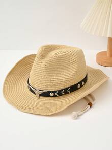 1pc Unisex Western Straw Cowboy Hat, Outdoor UV Protection Breathable Woven Summer Hat, Suitable For Travel And Beach Wear - Black Arrow-shaped Hollowed-out Straw Hat - View 3