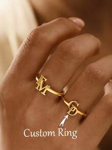 Customized Double Letter Ring, Personalized Exquisite Couple Name Initial Open Ring, 304 Stainless Steel Adjustable Name Ring, Fashion Wedding Accessory, Ideal Gift For Her, Anniversary, Valentine's Day, Mother's Day, Birthday Party Gothic Gift, Summer Beach Vacation Gift - Multicolor - View 2