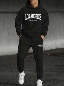 Youth Boy Letter Print Warm Hoodie And Pants Set - Black - View 1