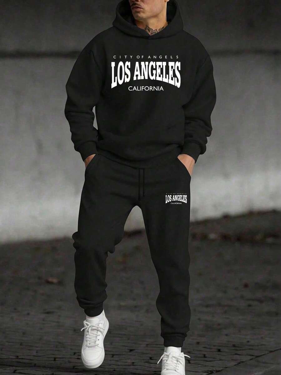 Youth Boy Letter Print Warm Hoodie And Pants Set - Black - View 1