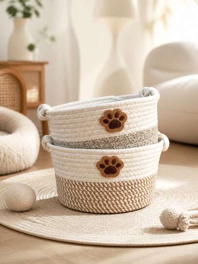 1pc Cute Bear Paw Handmade Woven Pet Storage Basket, Multi-Functional Desktop Storage Basket With Handle, Suitable For Pet Treats, Pet Toys, Foldable And Washable, Suitable For Storing Various Toys And Sundries