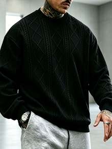 Men's Embossed Diamond Quilted Crew Neck Sweatshirt, Heavyweight Embossed Loose Fit Long Sleeve Pullover, Solid Color Versatile Casual Top - Black - View 1