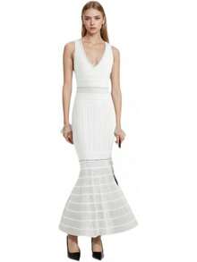 Falda de verano para mujer, corsé elástico con abalorio a rayas, cuello en V, sin mangas, vestido largo para fiesta - Negro - Ver 9