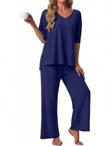 PrinStory - Conjunto de pijama de manga corta para mujer, conjunto de pijama de 2 piezas para mujer, cómodo ropa de descanso con bolsillos - Estrella rosa Fp - Ver 12