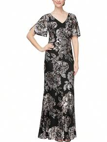 Alex Evenings - Vestido Largo para Madre de la Novia con Mangas voladas para Mujer con Cintura Imperio Fruncido (Tallas pequeñitas y Normales) - Malla azul eléctrica - Ver 6