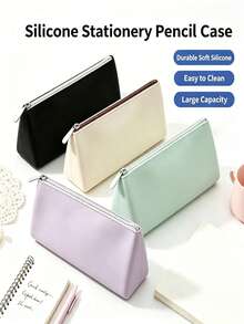 4/1 pieza Estuche de lápices de silicona suave estilo coreano, diseño de unicolor multitono, gran capacidad con diseño de múltiples compartimentos, adecuado para adultos, uso escolar diario y almacenamiento de cosméticos, bolsa de papelería portátil, bolsa de almacenamiento multifuncional para lápices de maquillaje, temporada de regreso a la escuela - Conjuntos - Ver 1