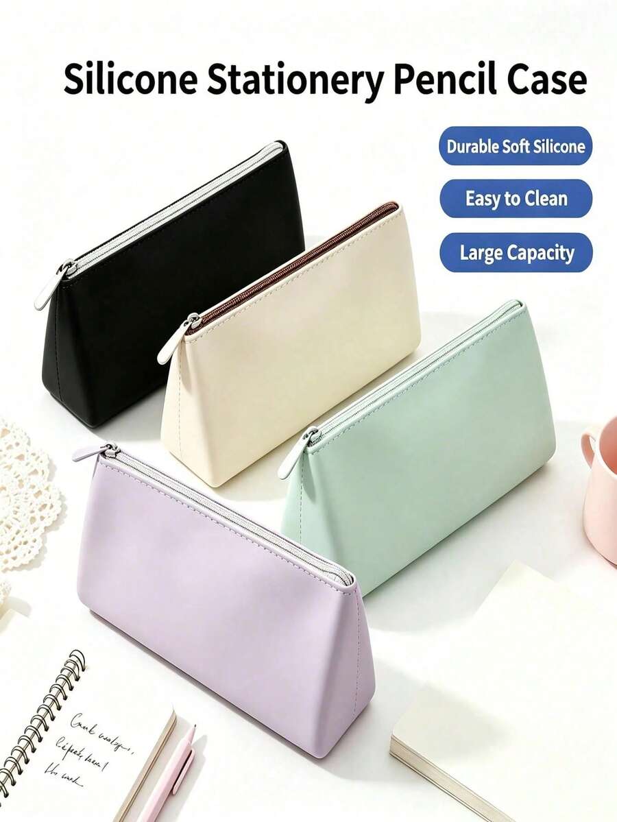 4/1 pieza Estuche de lápices de silicona suave estilo coreano, diseño de unicolor multitono, gran capacidad con diseño de múltiples compartimentos, adecuado para adultos, uso escolar diario y almacenamiento de cosméticos, bolsa de papelería portátil, bolsa de almacenamiento multifuncional para lápices de maquillaje, temporada de regreso a la escuela - Conjuntos - Ver 1