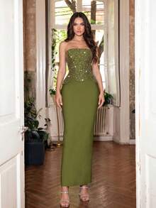 Sexy Women's Heavy Industrial Style Pearl & Rhinestone Embellished Strapless Sleeveless Slit Bandage Dress,  Wedding Guest Party  Dress - Green - View 1