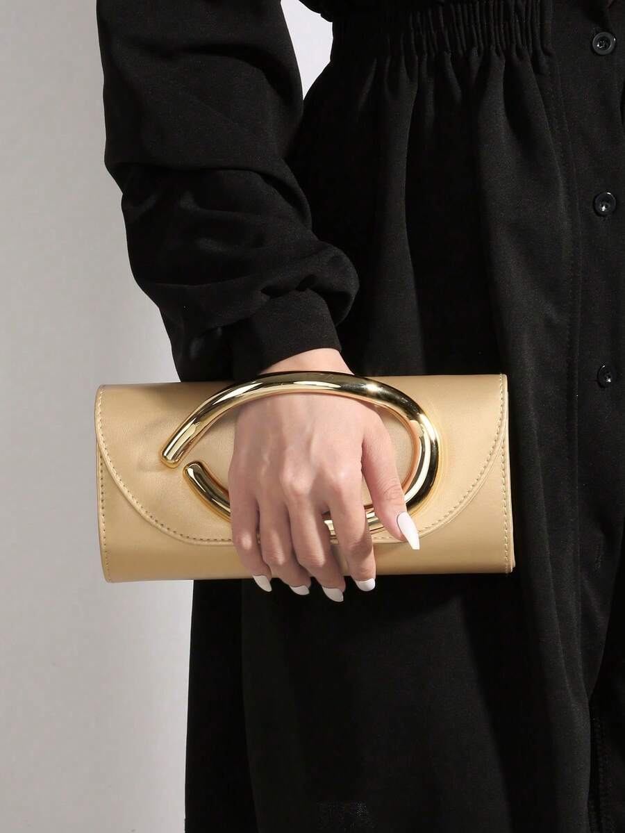 Bolso de mano tipo clutch de unicolor vintage, bolso versátil, bolso de cuero sintético PU de charol de moda, adecuado para mujeres, se puede usar para bodas, fiestas, bailes, cenas, ocasion - Dorado - Ver 1