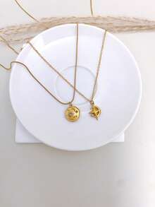 Stainless Steel Waterproof Fade-Resistant Vintage Cute Small Sun Moon Star Pattern Pendant Necklace Suitable For Women's Daily Wear - Gold - View 11