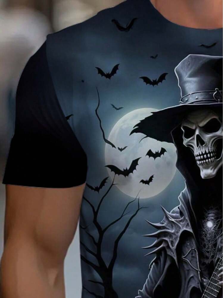 Men's 3D Grim Reaper T-Shirt, Ideal For Casual Occasions. Available In Black, It's Durable And Lightweight, Making It Suitable For Home, Dining, Or A Bar. - 黑色 - 查看 4