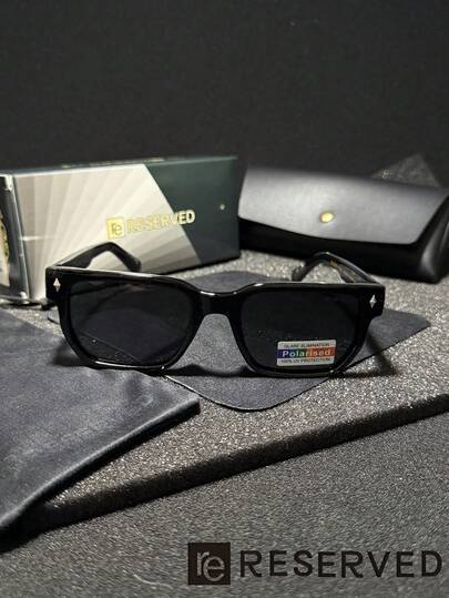 1 Set "Reserved" Glossy Black Small Square Frame Polarized Fashion Sunglasses Unisex Metal Temple Wear-Resistant Sunglasses 100% UV Full Block Anti-Glare Driving Sunglasses Vintage Minimalist Versatile Outdoor Cycling Travel Glasses With Matching Original PU Glasses Case And Cleaning Cloth Full Storage Accessories