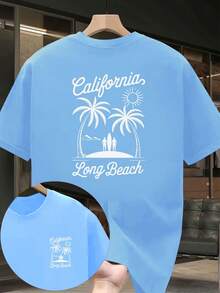 Camiseta de hombre con estampado de palmeras de Long Beach, California, diseño de doble cara, top de manga corta personalizado para uso casual por parte de entusiastas de las vacaciones y el - Negro - Ver 10