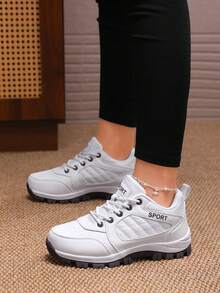 Damen Mode Sportschuhe mit dicker Sohle, atmungsaktive Schnür-Laufschuhe, dicke Sohle Outdoor Freizeitsportschuhe - Weiss - Übersicht 3