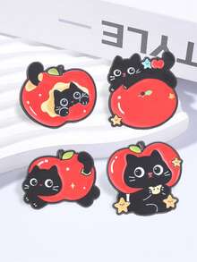 4pcs Cute Black Cat & Red Apple Enamel Brooch Set, Adorable Kitten Fruit Star Pins For Backpack, Straw Hat, Clothing Decoration Gift - Multicolor - View 6