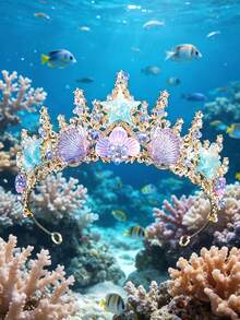 1pc Gold Mermaid Shell Starfish Hair Accessory, Ocean Crystal Shell Floral Queen Crown, Beach And Underwater Wedding Headpiece - Multicolor - View 8