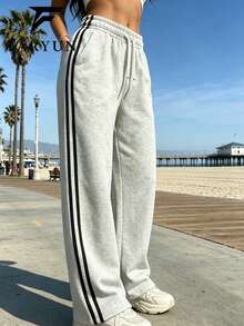 Women's Drawstring Wide Leg Pants, Comfortable Fabric, Suitable For Sports, Outdoor, Casual Wear, Street Style Autumn Long Pants - Grey - View 3