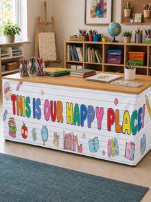 1 pieza - Falda de mesa de aula Happy Place, decoración de mesa colorida de vuelta a la escuela, cubierta elástica de poliéster de spandex para escritorio de profesor, centro de biblioteca y fiesta de bienvenida - Multicolor - Ver 11