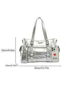 Sac à bandoulière de grande capacité à plusieurs poches de couleur unie, sac à main de design unique, décontracté et polyvalent, style punk rétro minimaliste, sac bandoulière quotidien, convient pour le travail, les trajets, les sorties quotidiennes, les rassemblements - Argent - Voir 4