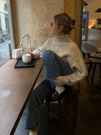 Women Fall Elegant Casual Chic Beige Knit Turtleneck Long Sleeve Sweater For Office Going Out