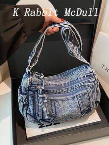 New Chic Casual Shoulder Bag Made Of Soft, Multi-Layered Denim With Multiple Pockets, Versatile, Suitable For Work, Shopping And Travel. - Dark Wash - View 1