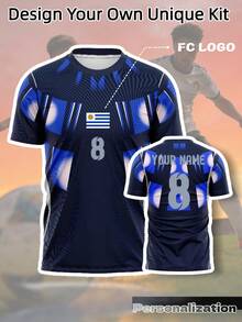 客製化烏拉圭客場深藍色足球球衣，正方形拼接圖案，柔軟，2026足球賽事，夏季男士運動穿著 - 藏蓝色 - 查看 1