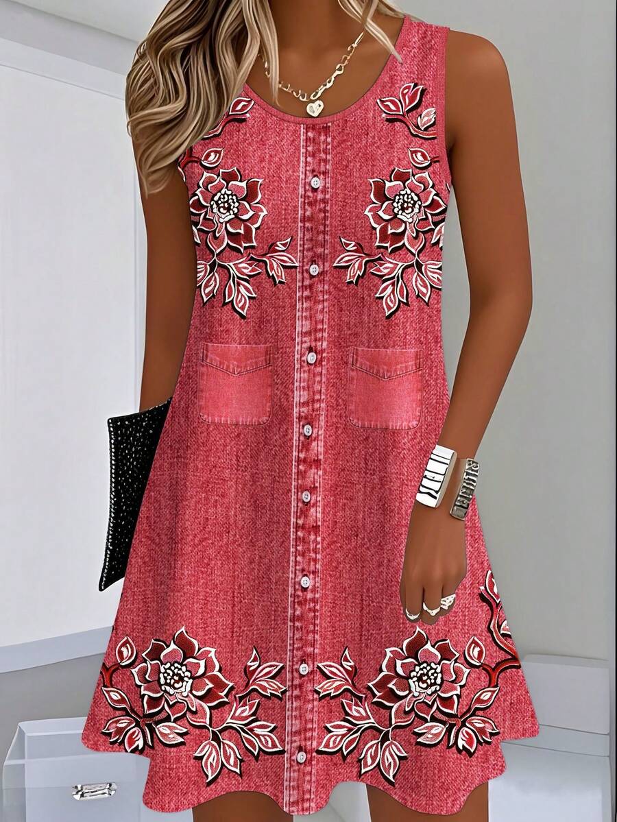 Vestido de verano con degradado de color y estampado de plantas, estilo vintage, sin mangas, corte , holgado y estilizador. - Rojo - Ver 1