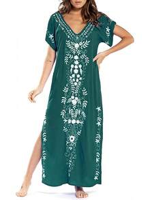 Bsubseach Vestido Largo de Playa de Manga Corta con Cuello en V Cubre Bikini para Mujer Bordado - Verde - Ver 8
