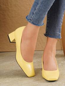 2026 New Yellow Square Toe Chunky Heel 4.5cm Low Vamp Pumps Women's New Minimalist Commuter Mid-Heel Shoes Daily Versatile Low-Top Elegant Formal High Heels - Yellow - View 3