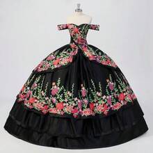 Vestidos de quinceañera con bordado floral con hombros descubiertos y temática mexicana, vestido de baile para mujer 2023 - Vino - Ver 3