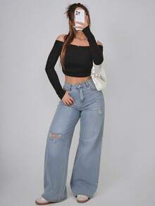 Straight Leg Jeans In Washed Blue Denim With Rips - tozlu mavi - Görünüm 5