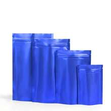 50 piezas/100 piezas Bolsas de regalo de lámina de Mylar de doble cara de 0.18 mm de grosor, negras, reutilizables y autosellantes, bolsas de embalaje con cierre de cremallera sellables para almacenamiento de alimentos a largo plazo, adecuadas para chocolate, té, café, fruta seca, polvo, caramelo, carne, decoración de regalos para fiestas festivas - Azul - Ver 4