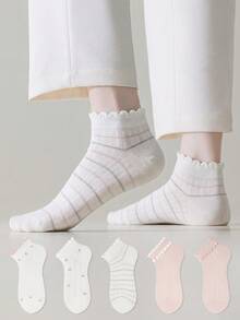 ZUJO 5 Pairs Women's Pink & White Short Socks, Floral & Striped Pattern, Suitable For Year-Round Wear, Simple & Comfortable, Random Color - Multicolor - View 2